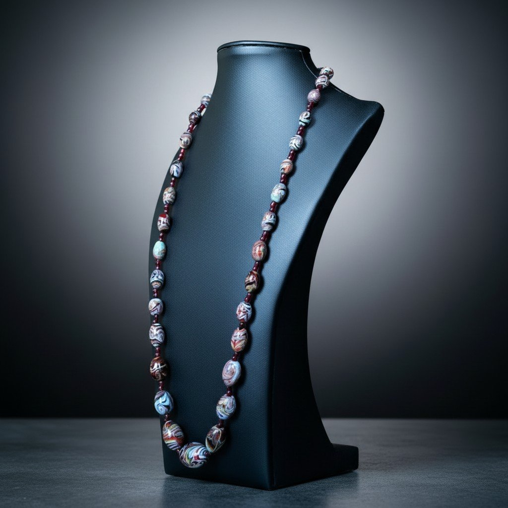 Elegante collana antica in perle di vetro policromo con avventurina-photo-4