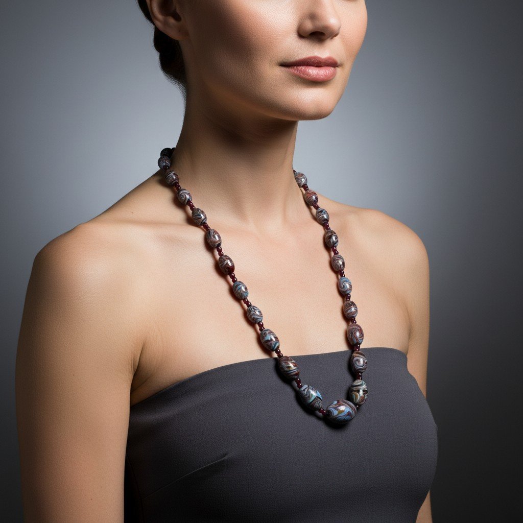 Elegante collana antica in perle di vetro policromo con avventurina