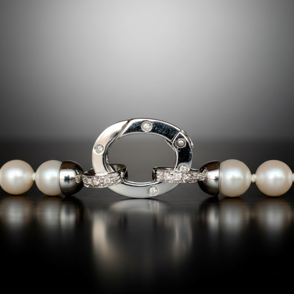 Collana di perle Akoya coltivate, in oro bianco 18 carati con diamanti-photo-3