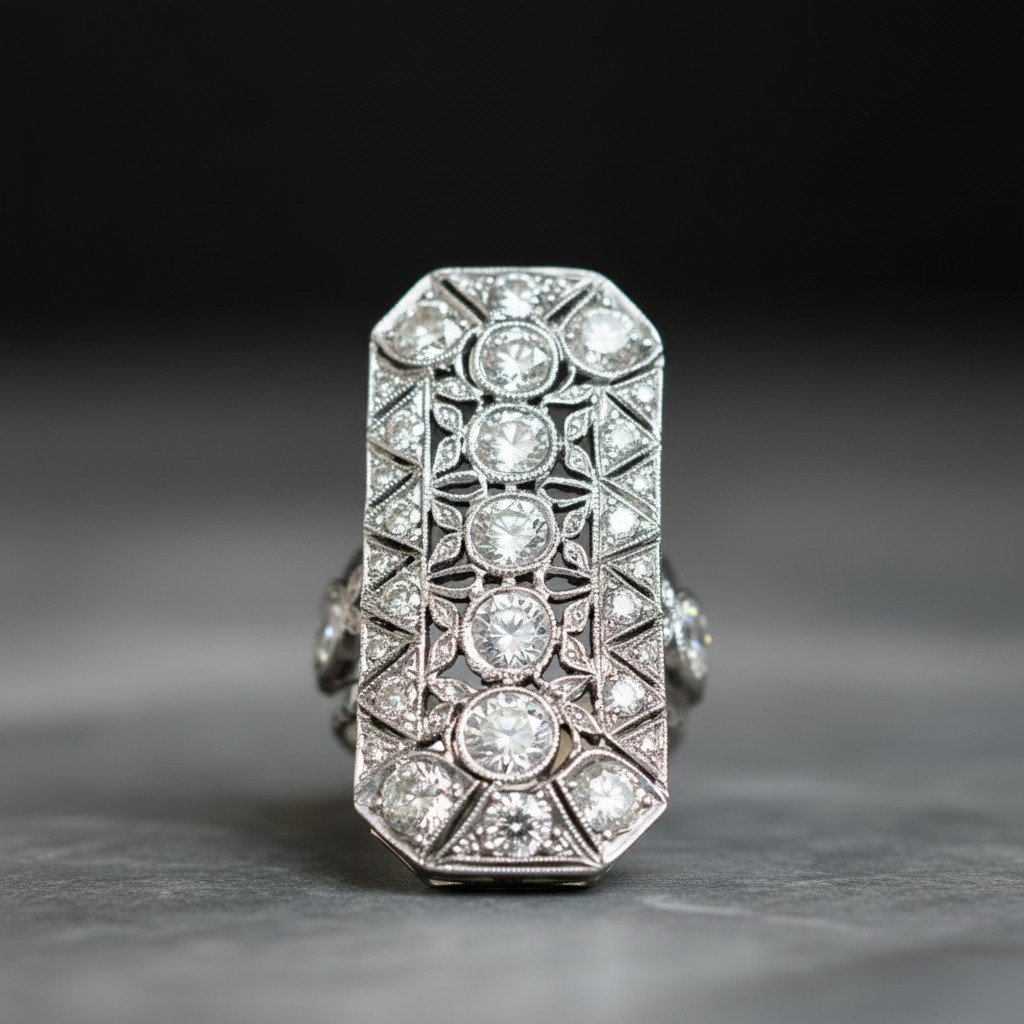 Anello Art Déco anni ’20, realizzato in platino e impreziosito da 49 diamanti, 4.45 ct-photo-2