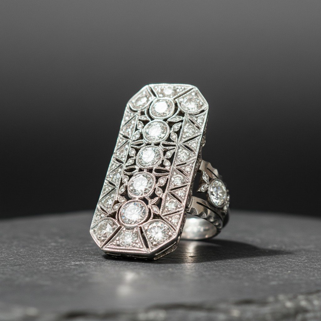 Anello Art Déco anni ’20, realizzato in platino e impreziosito da 49 diamanti, 4.45 ct-photo-2