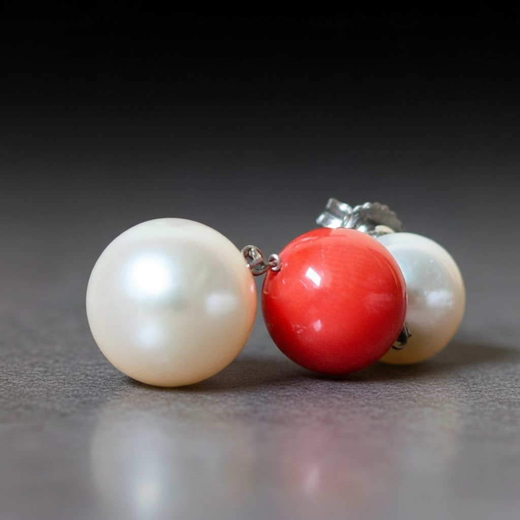 Orecchini pendenti in oro 18 carati, perle australiane e corallo rosso-photo-1