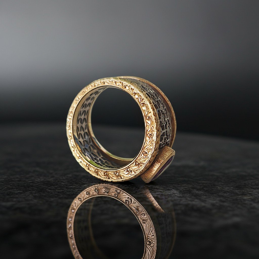 Anello in oro bicolore 18 kt a fascia traforata con rubino e diamanti-photo-3
