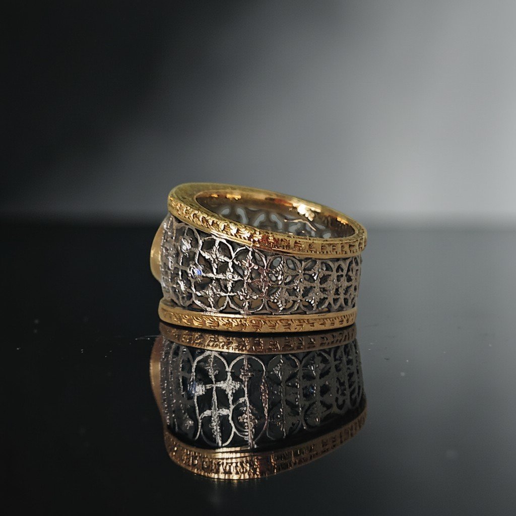 Anello in oro bicolore 18 kt a fascia traforata con rubino e diamanti-photo-4