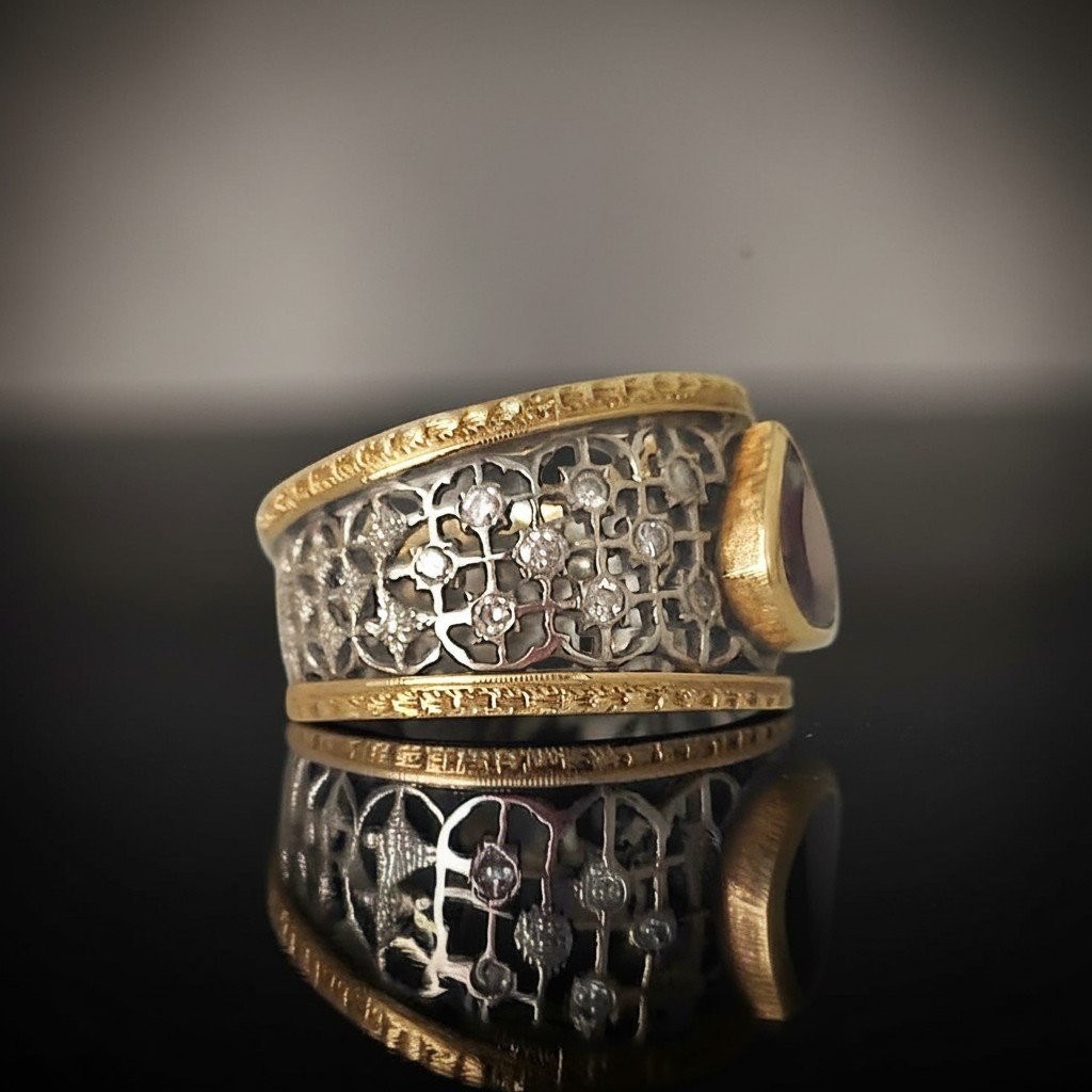 Anello in oro bicolore 18 kt a fascia traforata con rubino e diamanti-photo-2