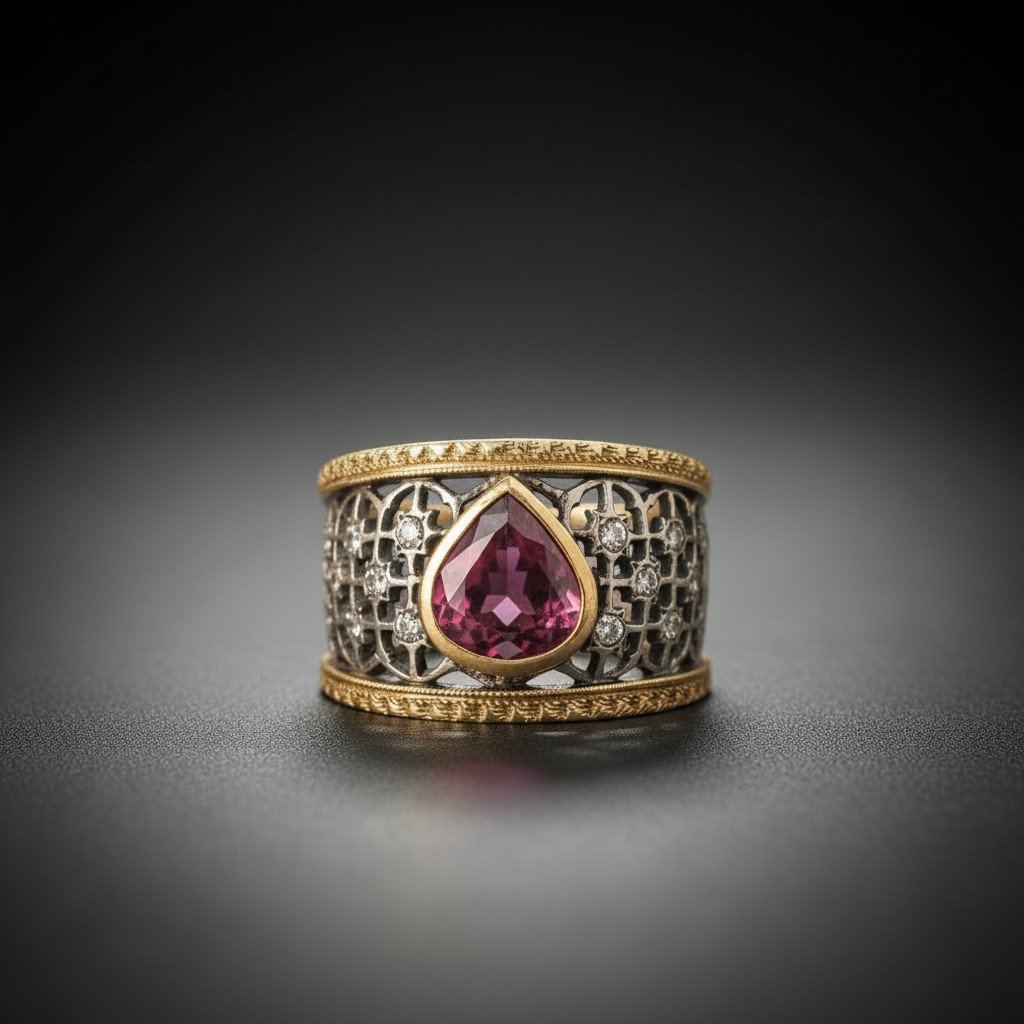 Anello in oro bicolore 18 kt a fascia traforata con rubino e diamanti-photo-3