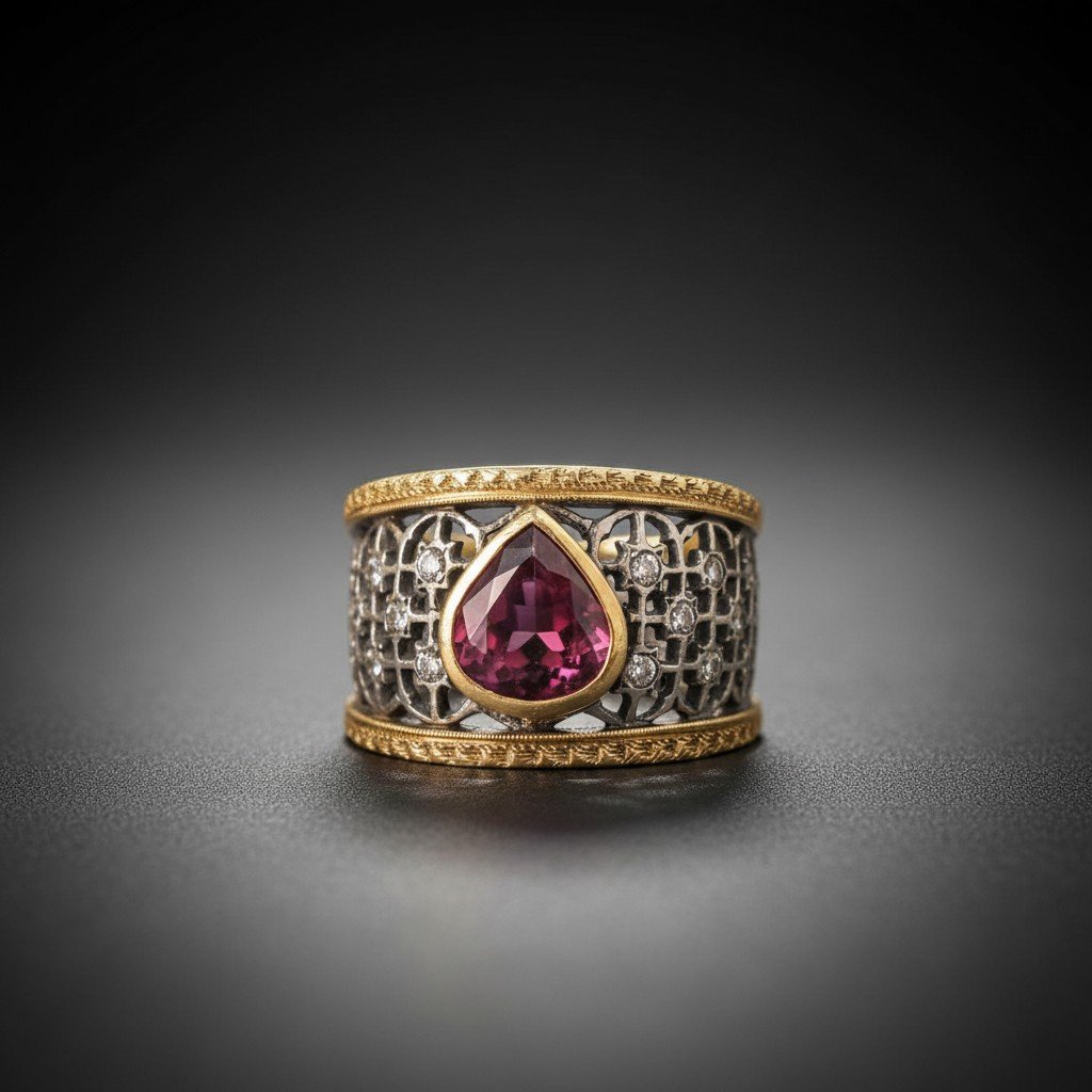 Anello in oro bicolore 18 kt a fascia traforata con rubino e diamanti-photo-4