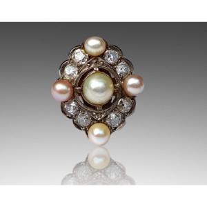 Anello 1890-1920 in oro18kt, perle e diamanti vecchia miniera