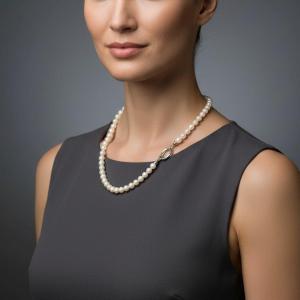Collana di perle Akoya coltivate, in oro bianco 18 carati con diamanti