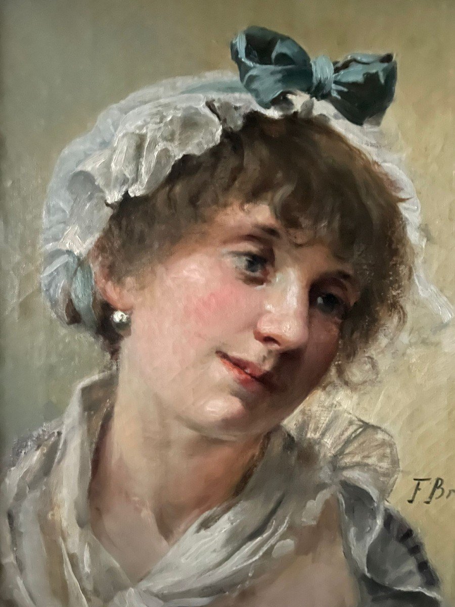 Ritratto femminile raffigurante donna con cuffia - firmato F.Brunery (1849-1926)-photo-2