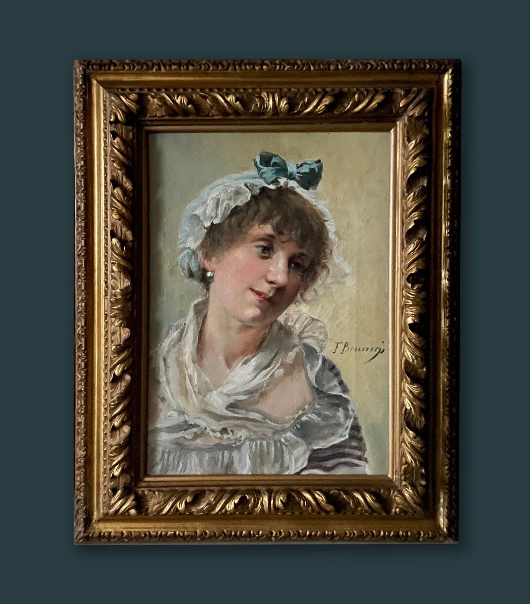 Ritratto femminile raffigurante donna con cuffia - firmato F.Brunery (1849-1926)