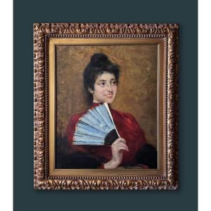 Ritratto femminile ragazza con ventaglio - di Egisto Rinaldo Lancerotto (1847-1916)