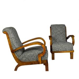 Pair Of Art Deco High Back Armchairs In Solid Walnut - Italy 1930