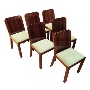 Series Of Six Art Deco Chairs In Solid Walnut - France 1930