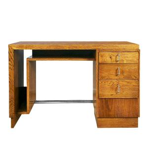 Small Double Sided Cubist Art Deco Desk In Solid Oak - France 1930