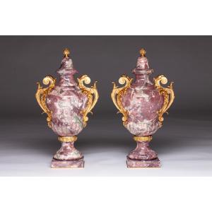 Pair Of 19th Century Louis XVI Style Purple Marble And Gilt Bronze Vase Pedestals