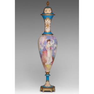 Sèvres Vase Celestial Blue Background Oblong Shape, With Hand Painted Decor 19th Century Signed Er