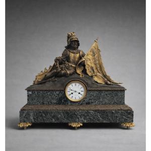 Large French Mantel Clock With Bronze Knight Sculpture.