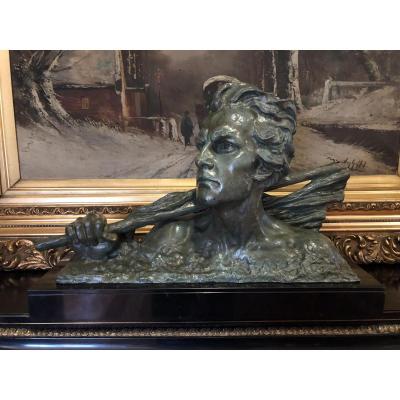 Bronze Art Deco Signé Alexander Ouline Sur Socle En Marbre