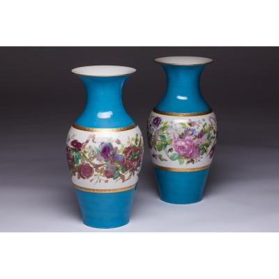 Pair Of Vases Old Paris Porcelain Blue Floral 19th Century