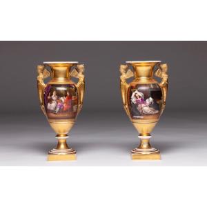 19th Century Empire Porcelain Vases With Scenery Painting