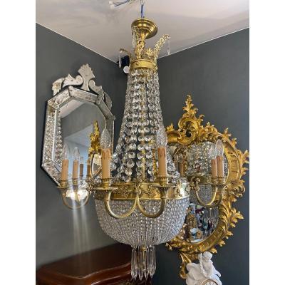 French Antique Louis XVI Style Bronze And Crystal Chandelier