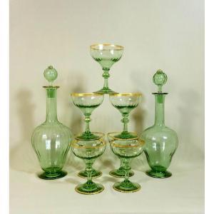Daum  Art Nouveau Period, Carafes And Glasses Blown And Gilded, To Be Compared To The Au Gui Model By Lachenal & Daum