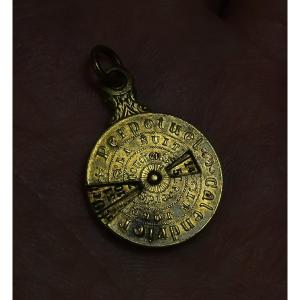 19th Century Mini Perpetual Calendar In Finely Chased Brass, Beautiful Circular Pendant Model, 19 Mm