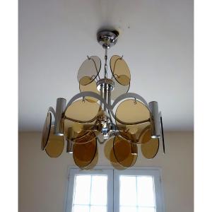 Mid-century, Lighting Vintage Sixties 60s, Chromed Metal Frame And Smoked Glass Discs