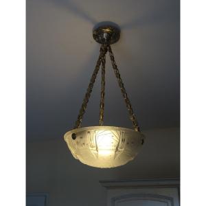 Muller Lunéville Frères, Chandelier Or Suspension In Moulded-braced Glass, Art-deco Period, Circa 1925