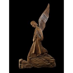 Religious Subject Figuring Angel In Wood Wall Sculpture From The End Of The 17th Century, Beginning Of The 18th Century