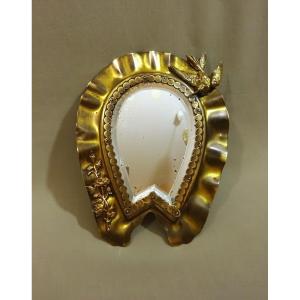 19th Century Movement Mirror In Golden Brass With Flower Applique Motifs And A Bird