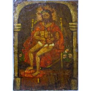 Old Painting, Oil On Zinc From The 16th Or 17th Century, Christ With Outrages, With Reed