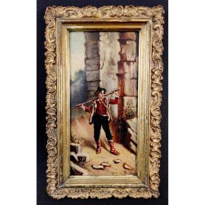 Old Hinge, Oil On Panel Figuring A Little Mountain Shepherd Or Shepherd, Signed L. Breton