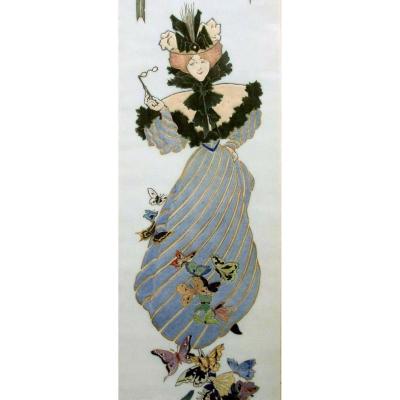 Picard & Cie 1900, Art Nouveau Panel, Glass An Patern Enamel, Elegant Parisian Woman, Butterfly