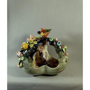 Edouard Gilles, Three-lobed Cup In Impressionist Slipware, Decorated With Flowers And A Bird
