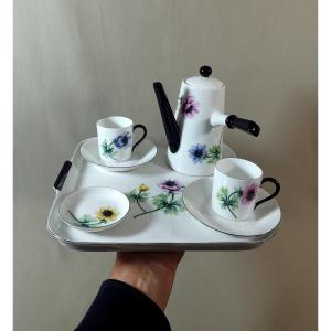 Antique Tête à Tête Coffee Or Chocolate Service, Limoges Porcelain, Painted Flower Decor, L C
