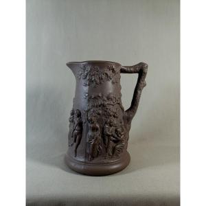 Sarreguemines 19th Century, Medieval Village Scene, Large Porcelain Stone Jug