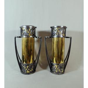 Rare Pair Of Art Nouveau Vases In Wrought Iron & Hammered Brass, Stamp Signature Head Snake 