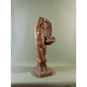 Orientalist Terracotta Sculpture, Young Nude Woman Revealing A Basket Of Fruit, Signed Cosy