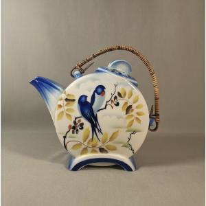 Art Deco Porcelain Teapot, Circa 1930, Flattened Body & Swallow Decor, Czech Manufactory