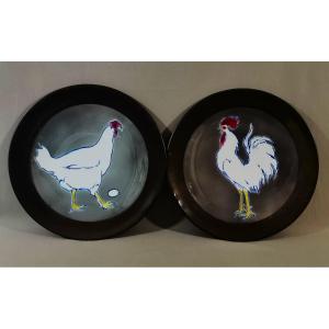Georges Dreyfus, Pair Of Impressionist Plates With Chickens, Rooster & Hen, 19th Century