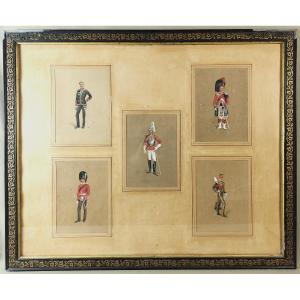 Five 19th Century Military Drawings, Featuring French, English, Scottish, German Officers