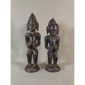 Ivory Coast, Pair Of Antique Senufo Statuettes, Couple Of Wooden Figures, African Tribal Art