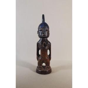 Antique Carved Wooden Statuette, Ibedji, Yoruba, Nigeria, Beautiful Patina, Blue Polychromy