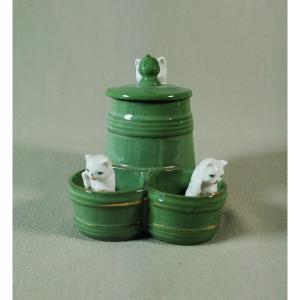 Porcelain Mustard Salt Cellars Depicting Kittens & Cats, Art Deco Period, Circa 1930 