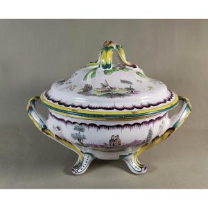 Marseille Faience, Terrine With Petit Feu Decoration, Veuve Perrin Manufacture Or In The Style