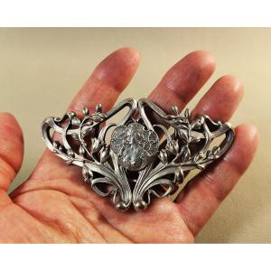 Art Nouveau Belt Buckle, Centered On A Portrait Of A Young Woman,  Style Of Alphonse Mucha
