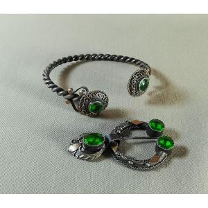Neo-baroque Torso And Fibula Bracelet In Gilt And Emerald Cut Stones Style