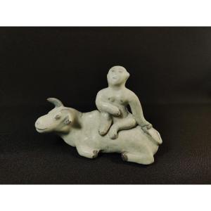 China Yuan Dynasty, Statuette Of A Boy Riding A Water Buffalo, Glazed Terracotta
